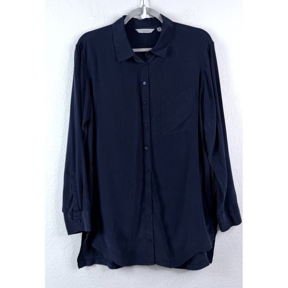 Athleta 100% Silk Button Down Shirt Sz M Navy Blue Long Sleeve Quiet Luxury